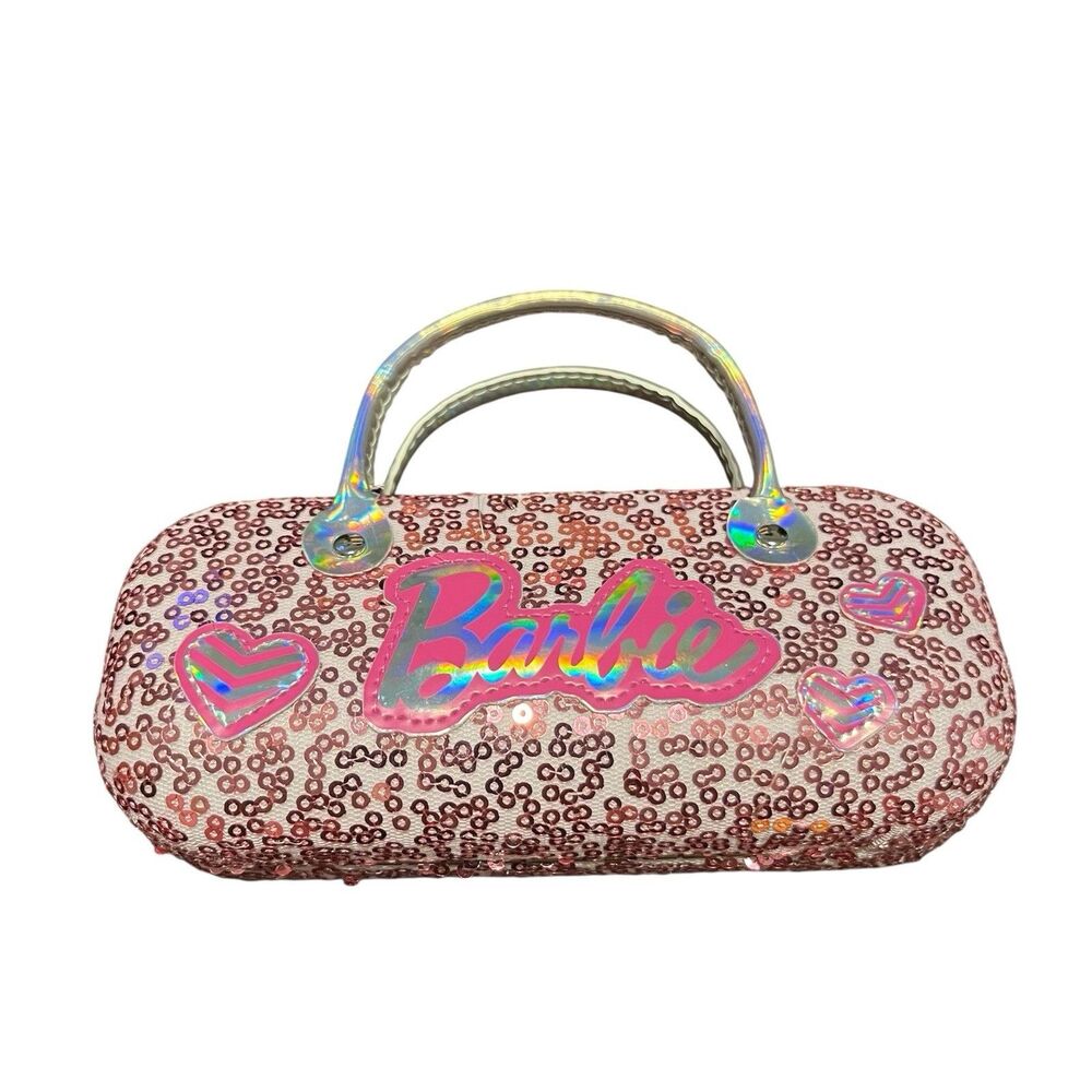 Barbie Pink Sequin Hard Shell Eyeglasses Case Purse Kids Holographic Hearts